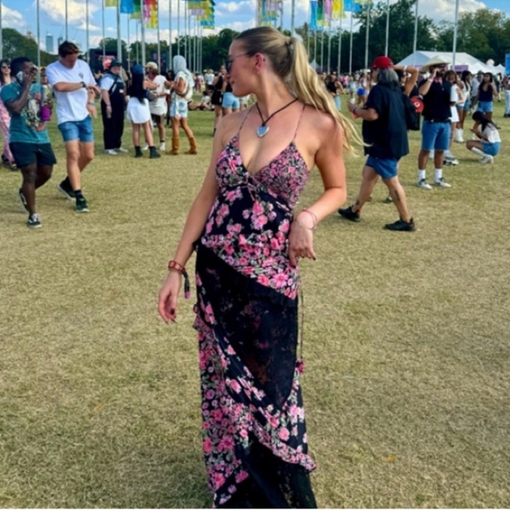 For Love & Lemons Rosalyn Pink Floral Ruffled Formal Strappy V Neck Maxi Dress M - Picture 5 of 14